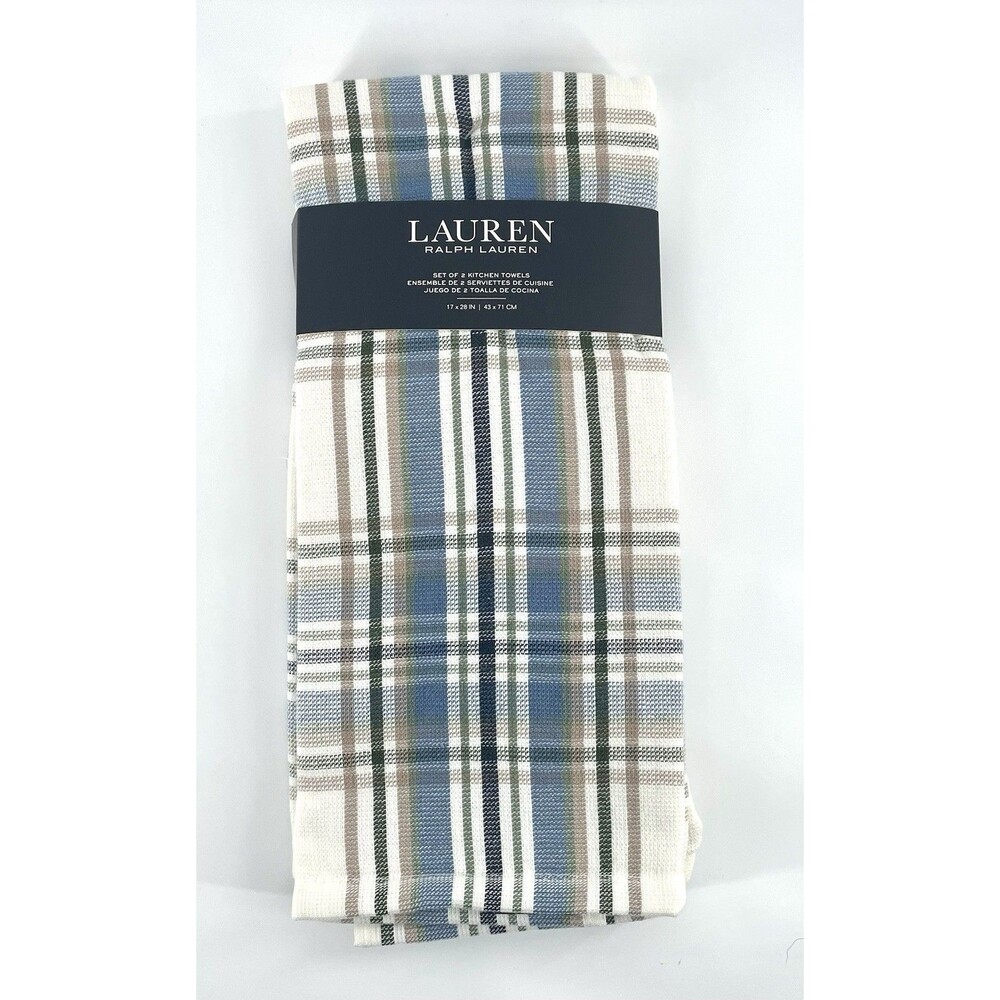 Lauren Ralph Lauren Kitchen Towels Set Of 2 Plaid Cotton Blue Green Tan NWT